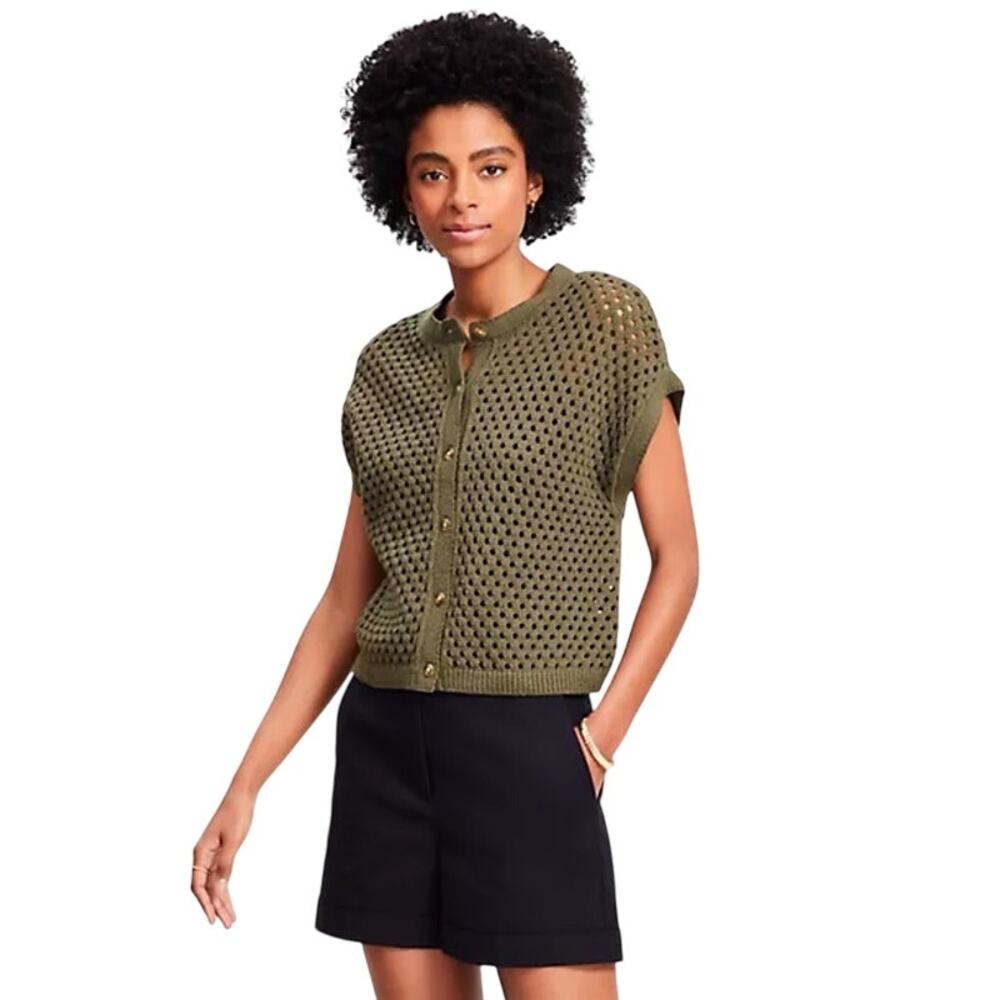 Loft Crochet Short Sleeve Brown Cardigan Women's Medium - Picture 13 of 13